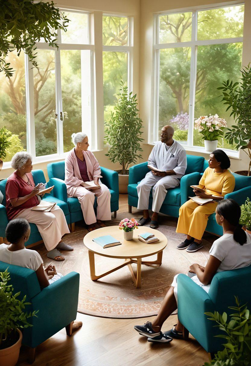A diverse group of patients, with different backgrounds, gathering in a supportive circle, sharing their cancer care stories. In the background, a soothing environment filled with greenery and soft sunlight, symbolizing hope and healing. Include uplifting elements like books on wellness, blooming flowers, and compassionate healthcare professionals. Art style should evoke warmth and connection. super-realistic. vibrant colors. soft focus.